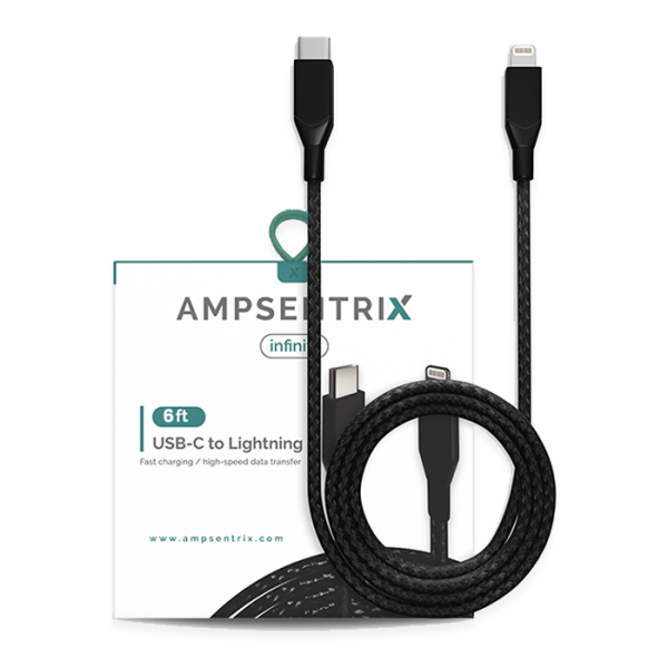 Cable USB (tipo C) a Lightning de dos metros (AmpSentrix) (Infinity) (Negro)