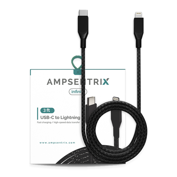 Cable USB (tipo C) a Lightning de un metro (AmpSentrix) (Infinity) (Negro)