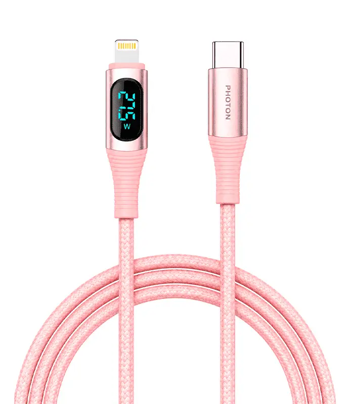 302103004050501 GRADO A/SIN EMPAQUE Cable USB-C a Lightning con Indicador de Consumo Electrico Color Rosado (Photon) - Imagen 1
