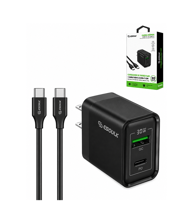 ACE-EK2008-C2C-30W-BK CARGADOR DOBLE PUERTO USB-A/USB-C 30W CABLE USBB-C 1.5M (NEGRO) - Imagen 1
